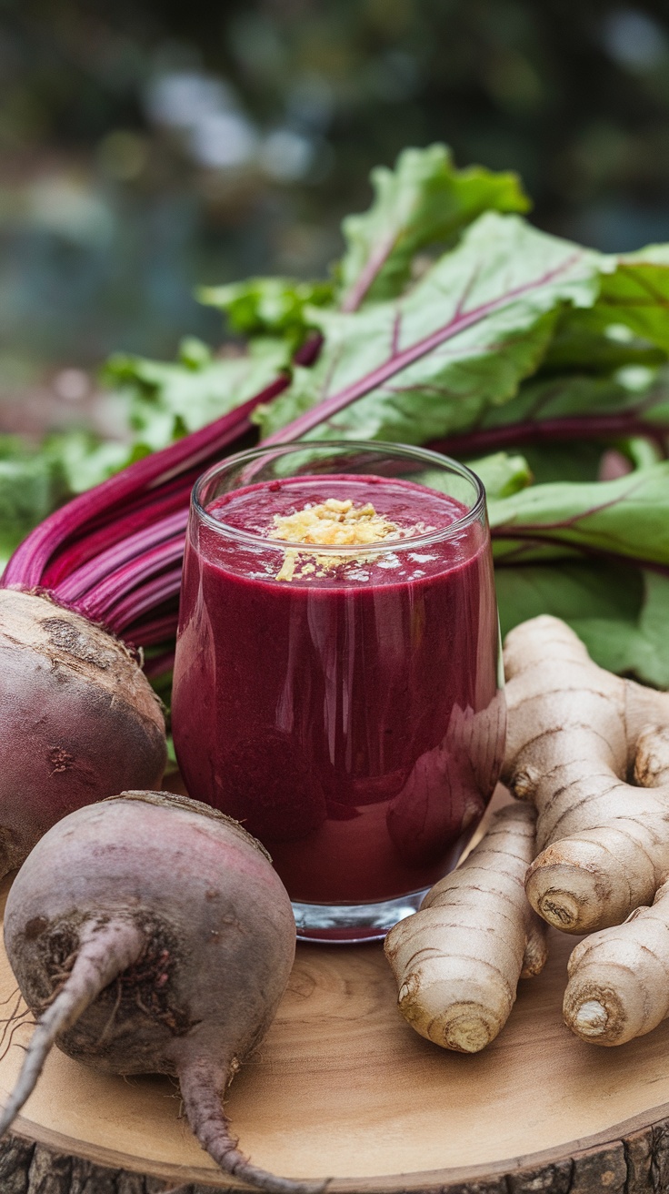 A colorful beetroot smoothie with ginger, surrounded by fresh beets and greens.