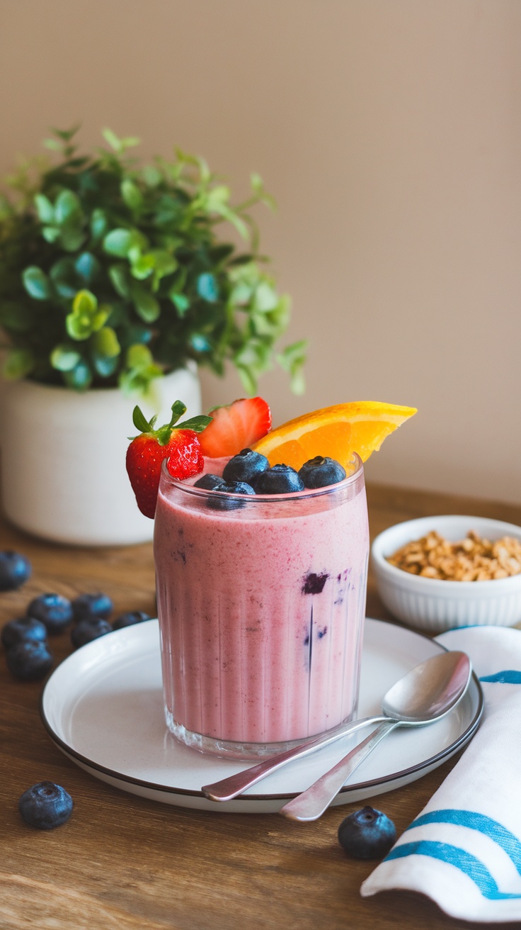 A refreshing berry citrus smoothie in a glass, garnished with strawberries and orange slices.