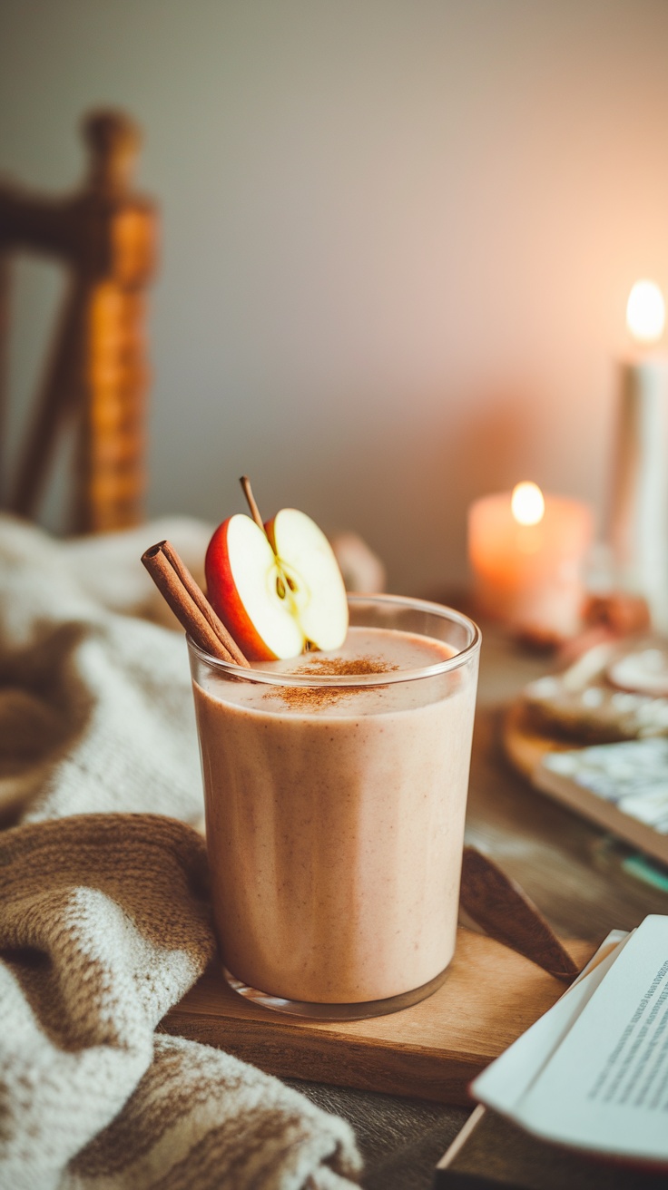 A glass of Cinnamon Apple Immunity Shake garnished with apple slices and cinnamon sticks.