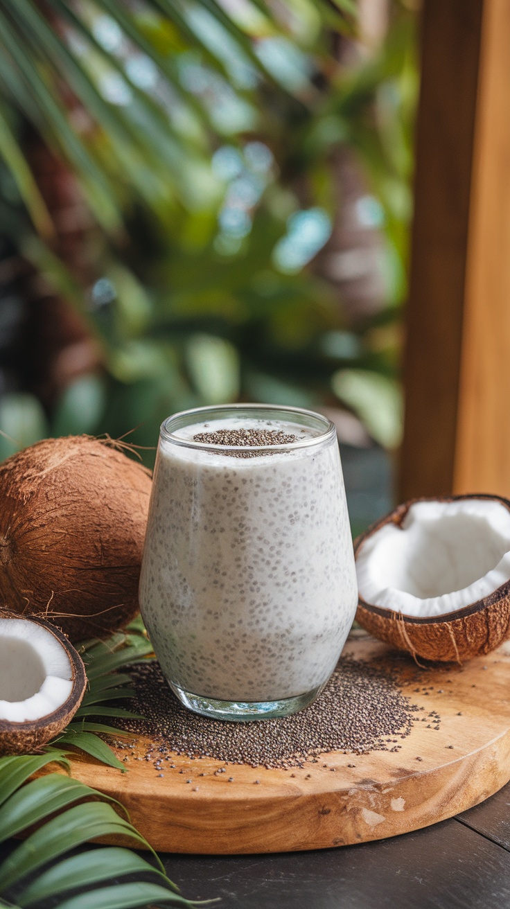 A delicious Coconut Chia Energy Booster smoothie in a glass, surrounded by coconuts and chia seeds.