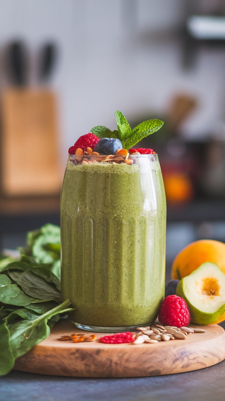 A refreshing green smoothie in a glass topped with fresh fruits and nuts.