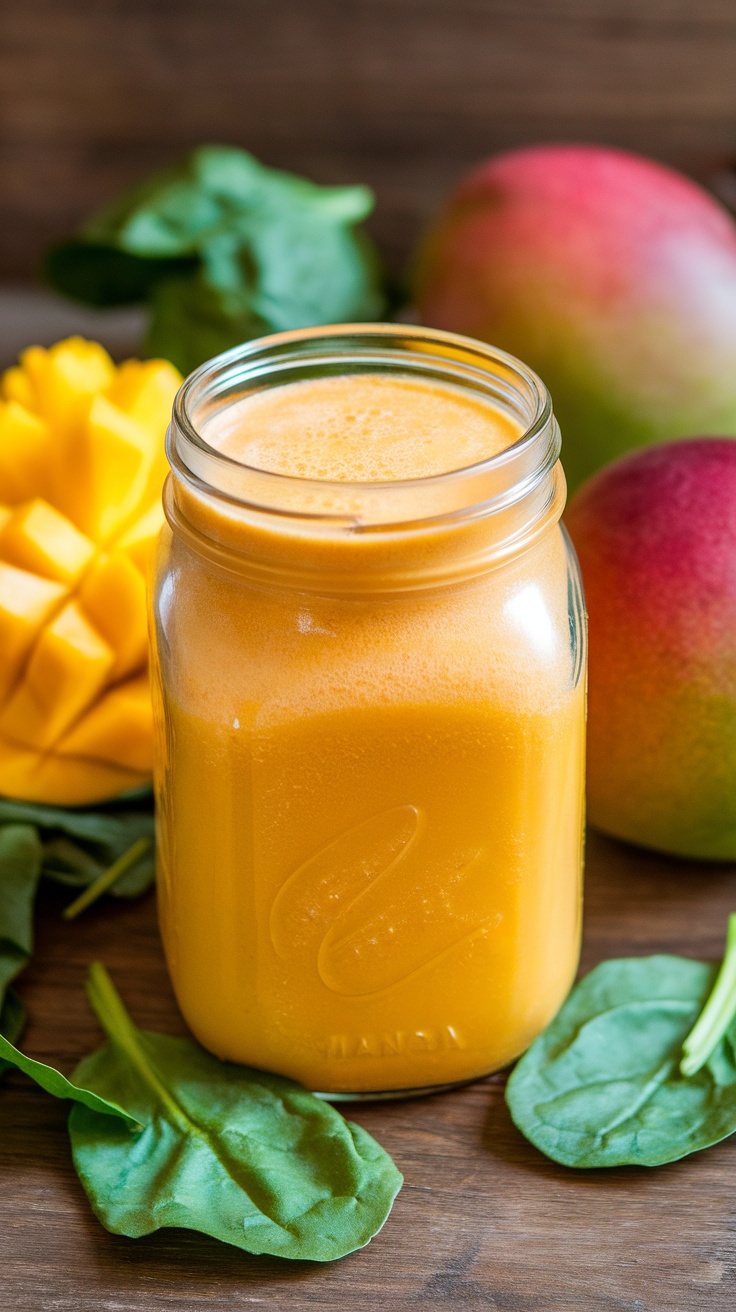 A glass of mango spinach smoothie with fresh ingredients