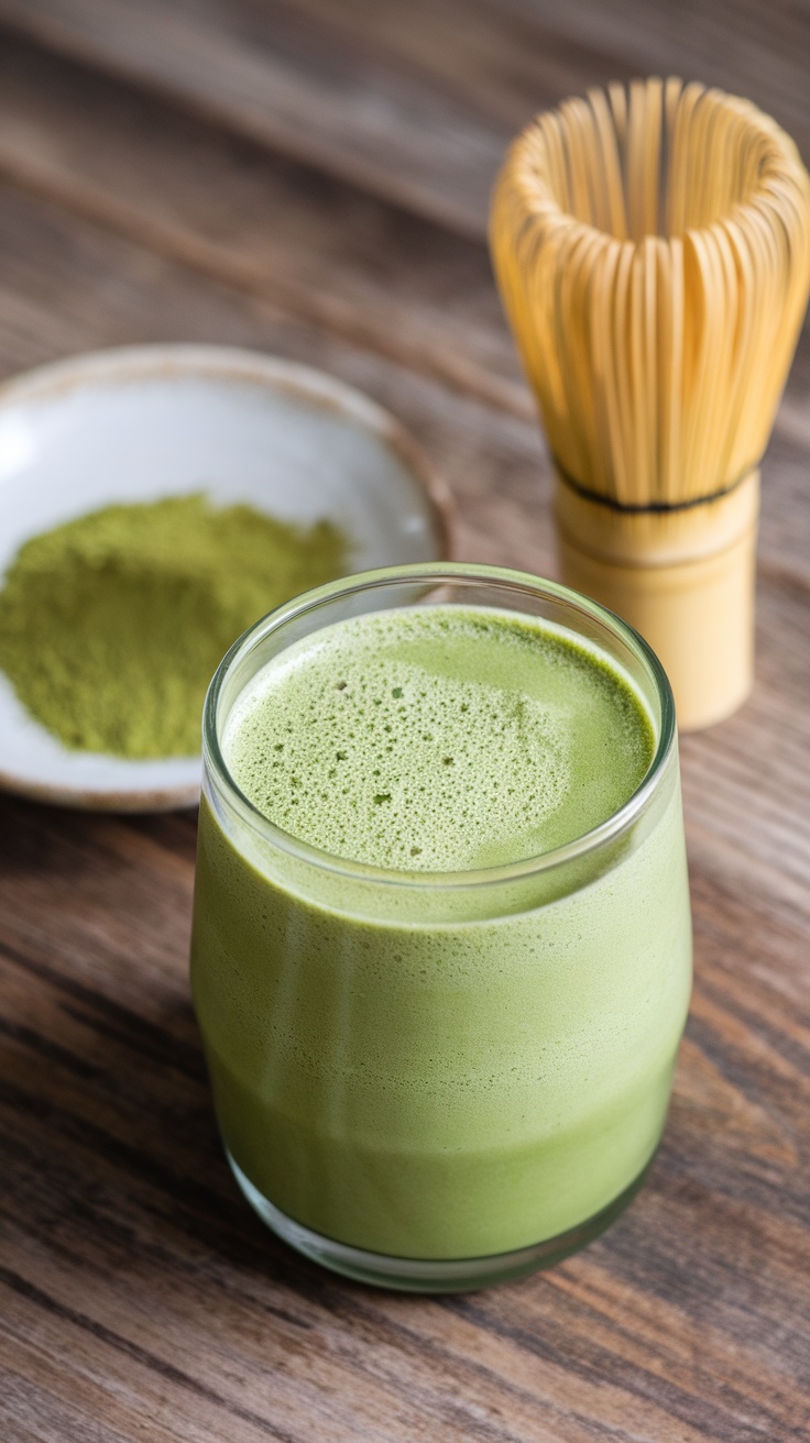 A refreshing Matcha Green Tea Smoothie in a glass, showcasing its creamy texture and vibrant green color.