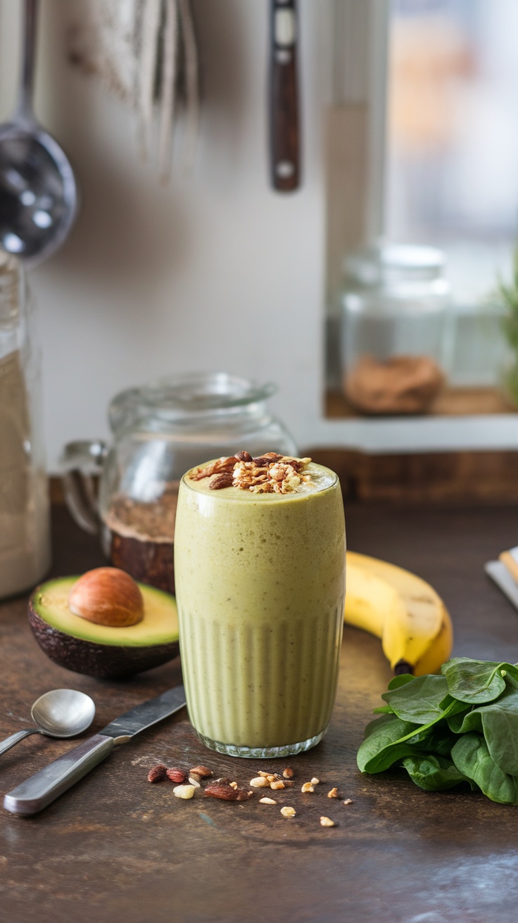 A glass of Nutty Avocado Immunity Elixir smoothie with toppings.