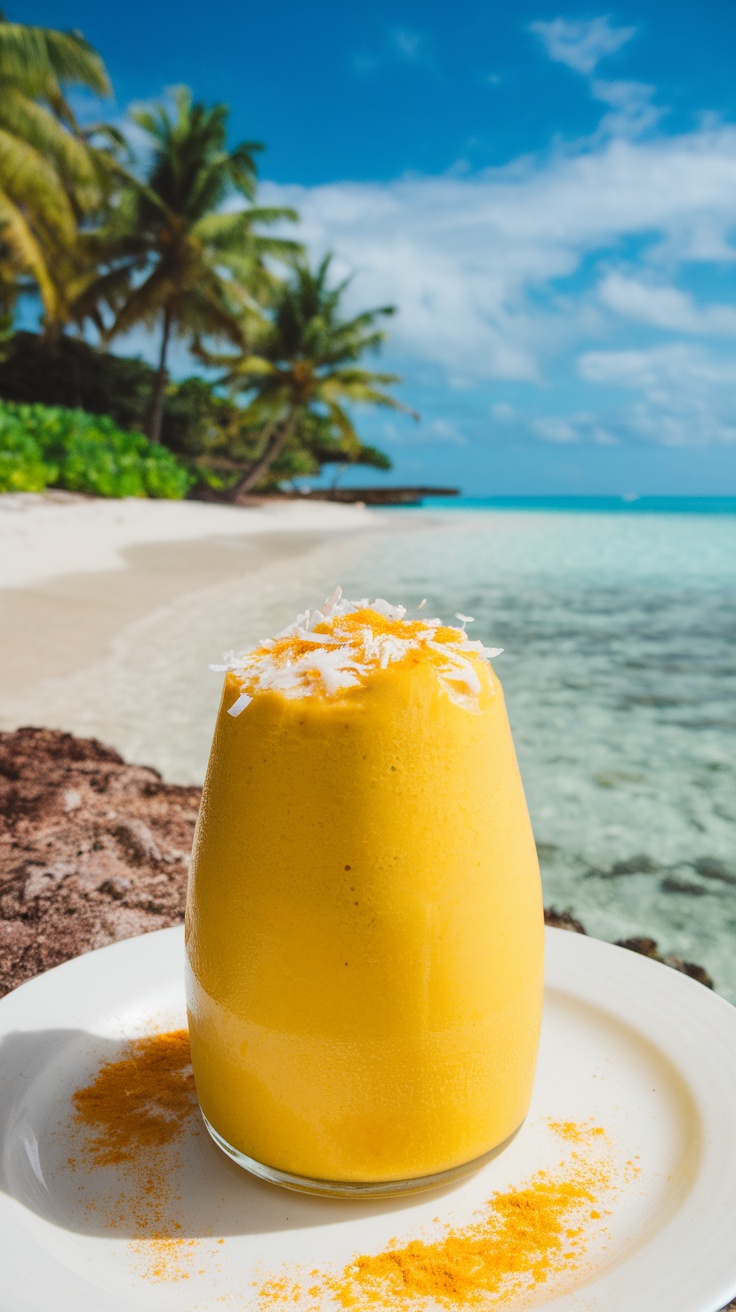 A vibrant Tropical Turmeric Twist smoothie in a glass, garnished with shredded coconut.